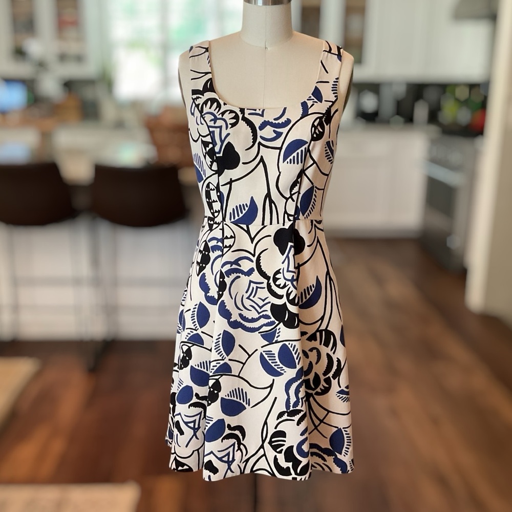 Anthropologie | Vanessa Virginia Blue Black Floral Ink Set Blooms Dress Size 2